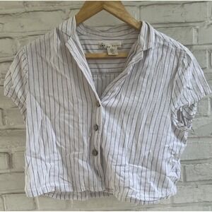 Kaisley Shirt‎ Womens M White & Blue Stripe Crop Belly Half Coquette Rockabilly